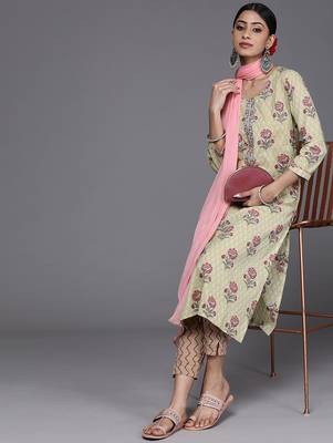 Women Green & Pink Floral Printed Pure Cotton Kurta with Trousers & Dupatta 7