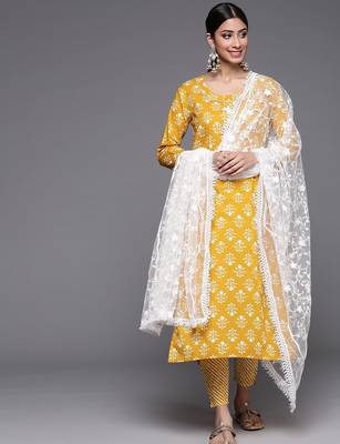 Women Mustard Yellow Ethnic Motifs Printed Sequinned Pure Cotton Kurta with Trousers & With Dupatta 1