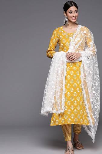Women Mustard Yellow Ethnic Motifs Printed Sequinned Pure Cotton Kurta with Trousers & With Dupatta