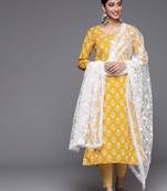 Women Mustard Yellow Ethnic Motifs Printed Sequinned Pure Cotton Kurta with Trousers & With Dupatta