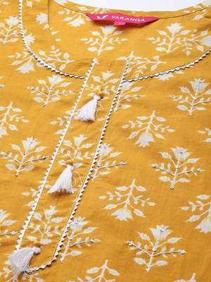 Women Mustard Yellow Ethnic Motifs Printed Sequinned Pure Cotton Kurta with Trousers & With Dupatta 2