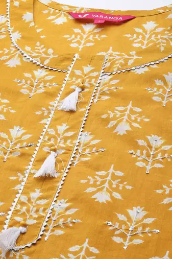 Women Mustard Yellow Ethnic Motifs Printed Sequinned Pure Cotton Kurta with Trousers & With Dupatta