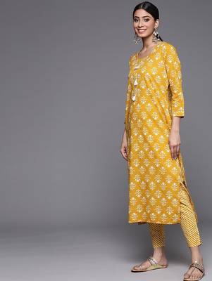 Women Mustard Yellow Ethnic Motifs Printed Sequinned Pure Cotton Kurta with Trousers & With Dupatta 5