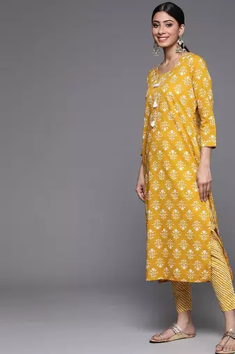 Women Mustard Yellow Ethnic Motifs Printed Sequinned Pure Cotton Kurta with Trousers & With Dupatta