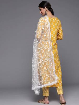 Women Mustard Yellow Ethnic Motifs Printed Sequinned Pure Cotton Kurta with Trousers & With Dupatta 6