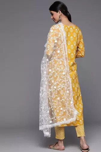 Women Mustard Yellow Ethnic Motifs Printed Sequinned Pure Cotton Kurta with Trousers & With Dupatta