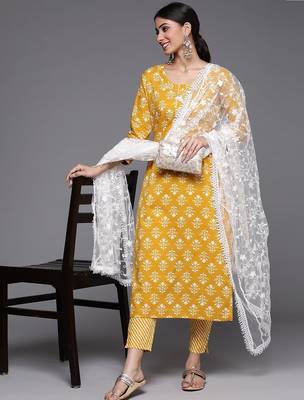 Women Mustard Yellow Ethnic Motifs Printed Sequinned Pure Cotton Kurta with Trousers & With Dupatta 7