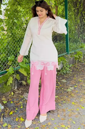 White&pink silk blend readymade suit with embroidery work
