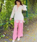 White&pink silk blend readymade suit with embroidery work
