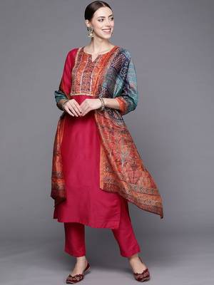 Women Fuchsia Yoke Design Kurta with Trousers & With Dupatta 1