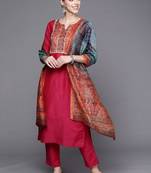 Women Fuchsia Yoke Design Kurta with Trousers & With Dupatta