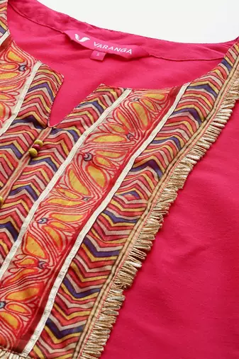 Women Fuchsia Yoke Design Kurta with Trousers & With Dupatta