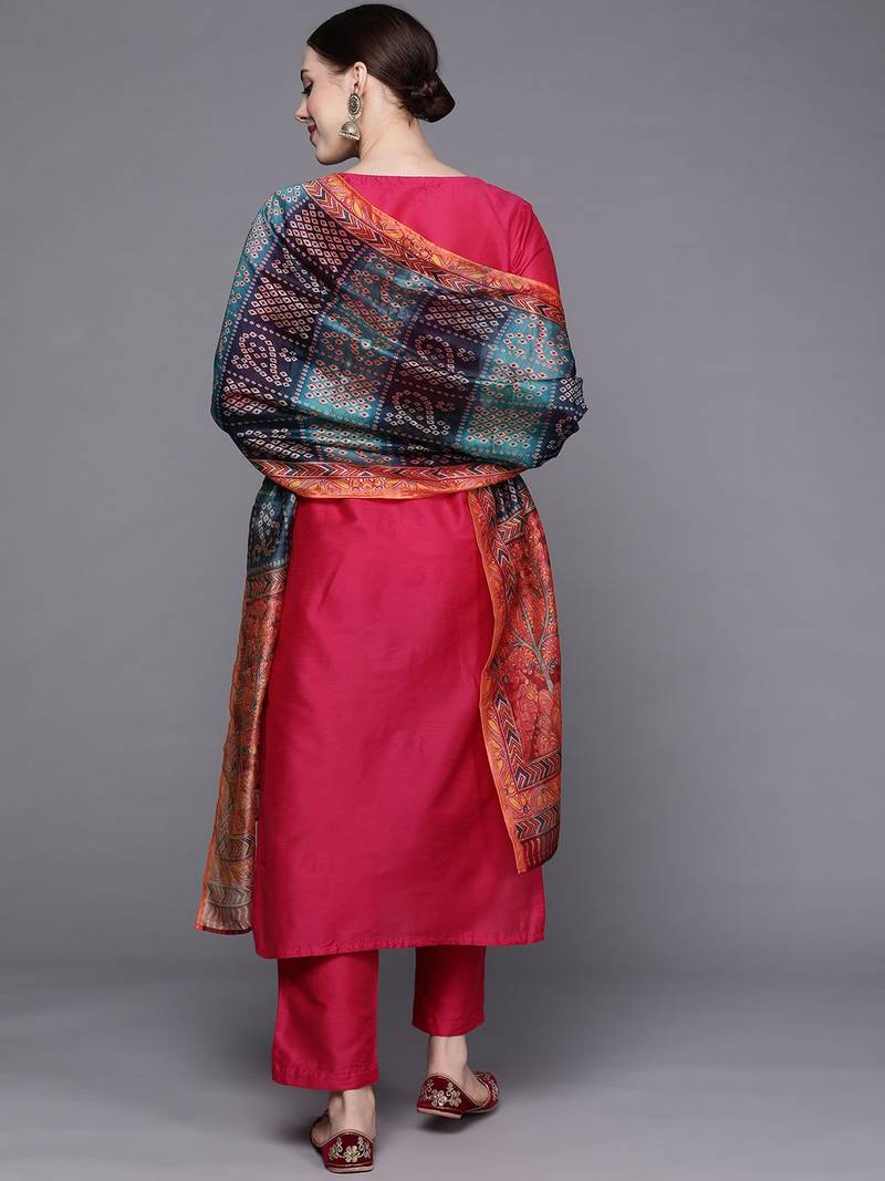 Women Fuchsia Yoke Design Kurta with Trousers & With Dupatta