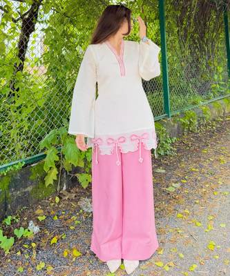 White&pink silk blend readymade suit with embroidery work 3