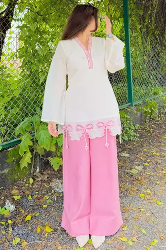 White&pink silk blend readymade suit with embroidery work