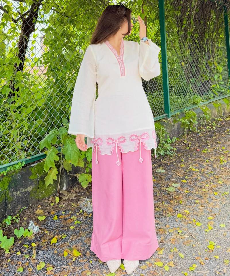 White&pink silk blend readymade suit with embroidery work