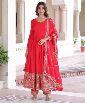 Red vichitra readymade anarkali suit with embroidery & sequence work 1