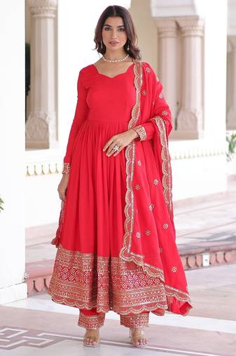 Red vichitra readymade anarkali suit with embroidery & sequence work