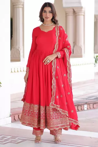 Red vichitra readymade anarkali suit with embroidery & sequence work