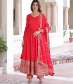 Red vichitra readymade anarkali suit with embroidery & sequence work