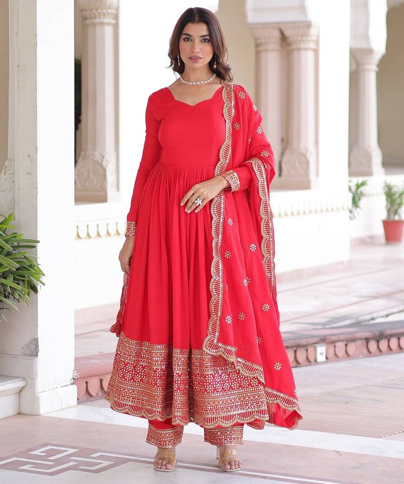 Red vichitra readymade anarkali suit with embroidery & sequence work