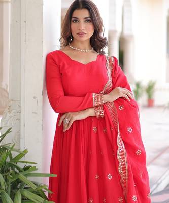 Red vichitra readymade anarkali suit with embroidery & sequence work 2