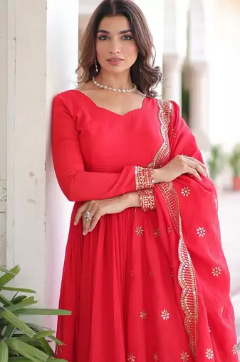 Red vichitra readymade anarkali suit with embroidery & sequence work