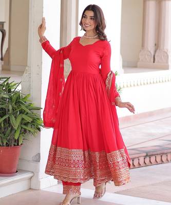 Red vichitra readymade anarkali suit with embroidery & sequence work 3