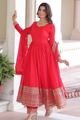 Red vichitra readymade anarkali suit with embroidery & sequence work
