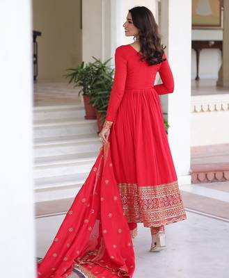 Red vichitra readymade anarkali suit with embroidery & sequence work 4