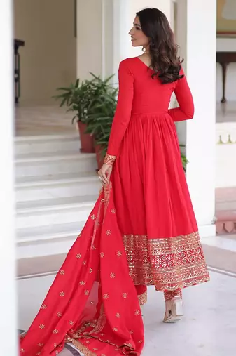 Red vichitra readymade anarkali suit with embroidery & sequence work