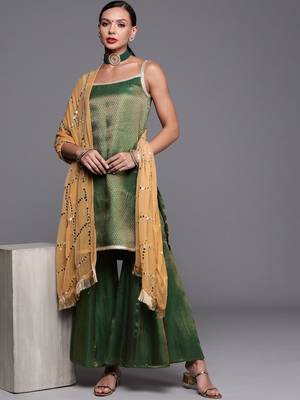 Women Green Geometric Woven Design Kurta with Sharara & With Sequin Dupatta 1