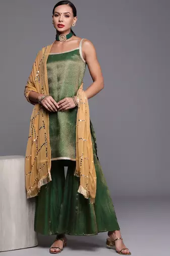 Women Green Geometric Woven Design Kurta with Sharara & With Sequin Dupatta