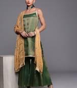 Women Green Geometric Woven Design Kurta with Sharara & With Sequin Dupatta