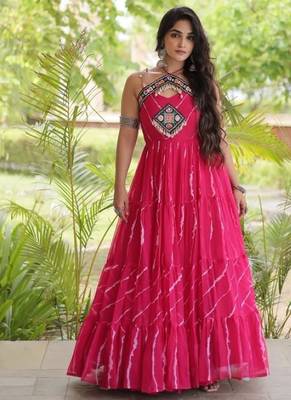 Pink georgette readymade anarkali suit with laheriya & kutchi work 1