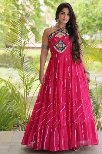 Pink georgette readymade anarkali suit with laheriya & kutchi work