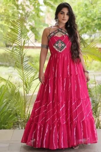 Pink georgette readymade anarkali suit with laheriya & kutchi work