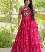 Pink georgette readymade anarkali suit with laheriya & kutchi work