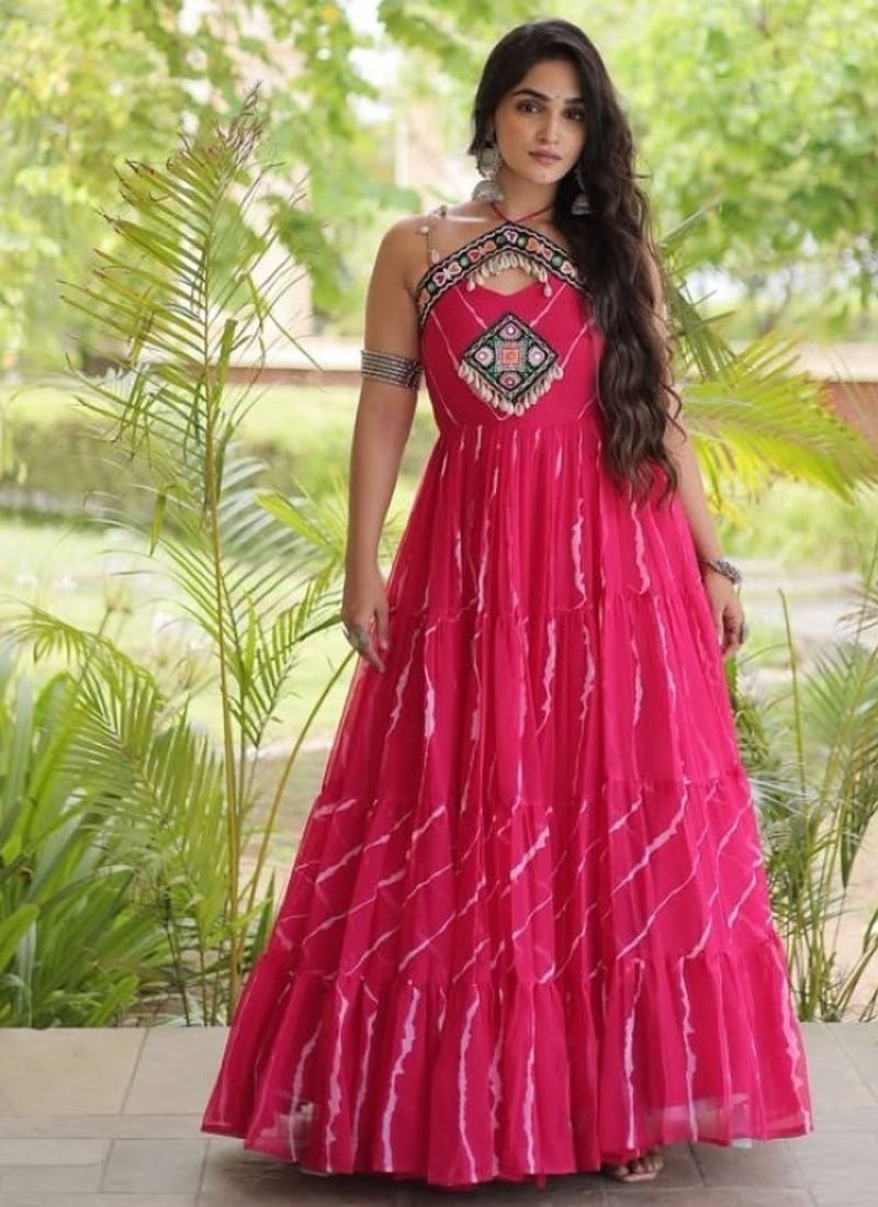 Pink georgette readymade anarkali suit with laheriya & kutchi work