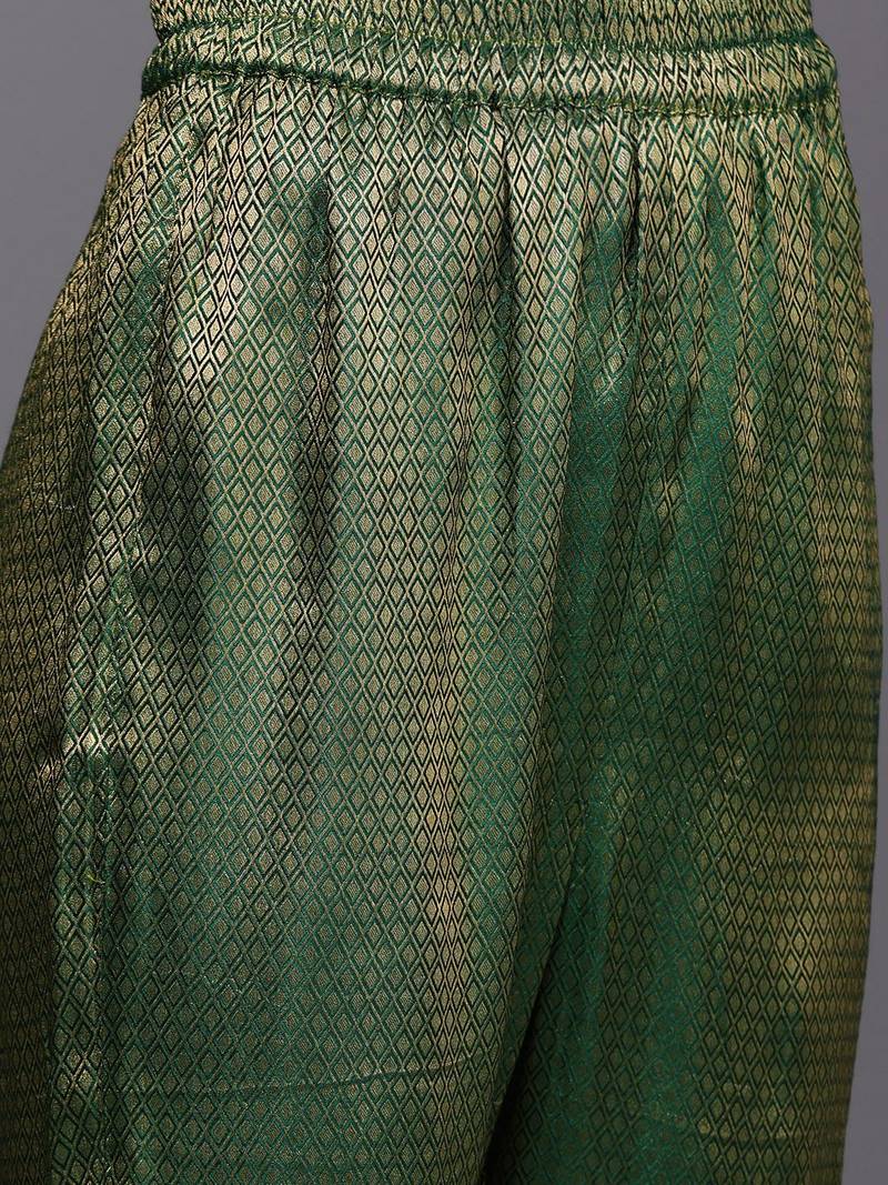 Women Green Geometric Woven Design Kurta with Sharara & With Sequin Dupatta