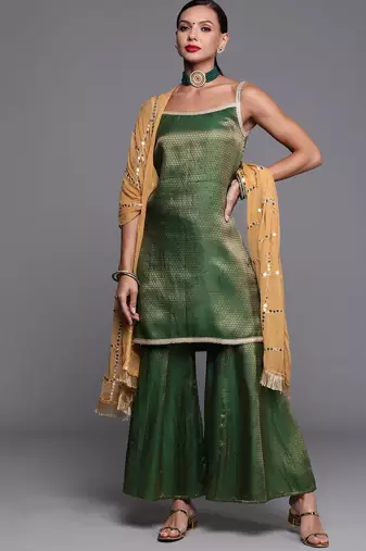 Women Green Geometric Woven Design Kurta with Sharara & With Sequin Dupatta