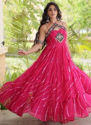 Pink georgette readymade anarkali suit with laheriya & kutchi work 2