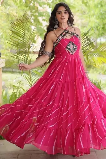 Pink georgette readymade anarkali suit with laheriya & kutchi work