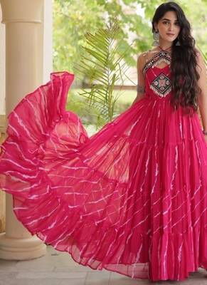 Pink georgette readymade anarkali suit with laheriya & kutchi work 3