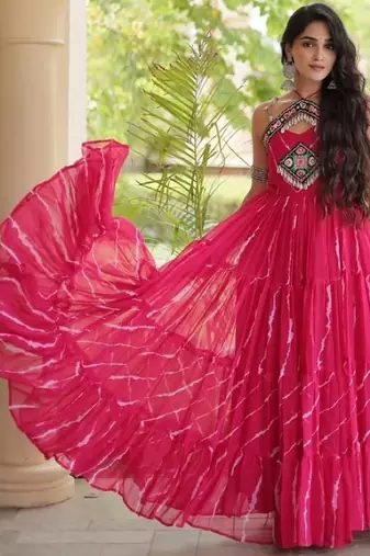 Pink georgette readymade anarkali suit with laheriya & kutchi work
