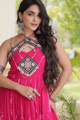 Pink georgette readymade anarkali suit with laheriya & kutchi work