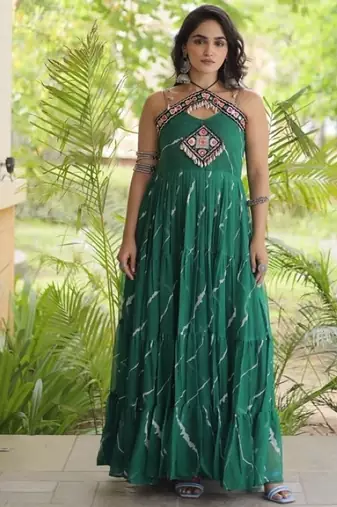 Green georgette readymade anarkali suit with laheriya & kutchi work