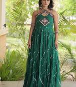 Green georgette readymade anarkali suit with laheriya & kutchi work