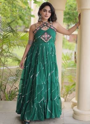 Green georgette readymade anarkali suit with laheriya & kutchi work 2