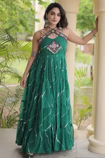 Green georgette readymade anarkali suit with laheriya & kutchi work